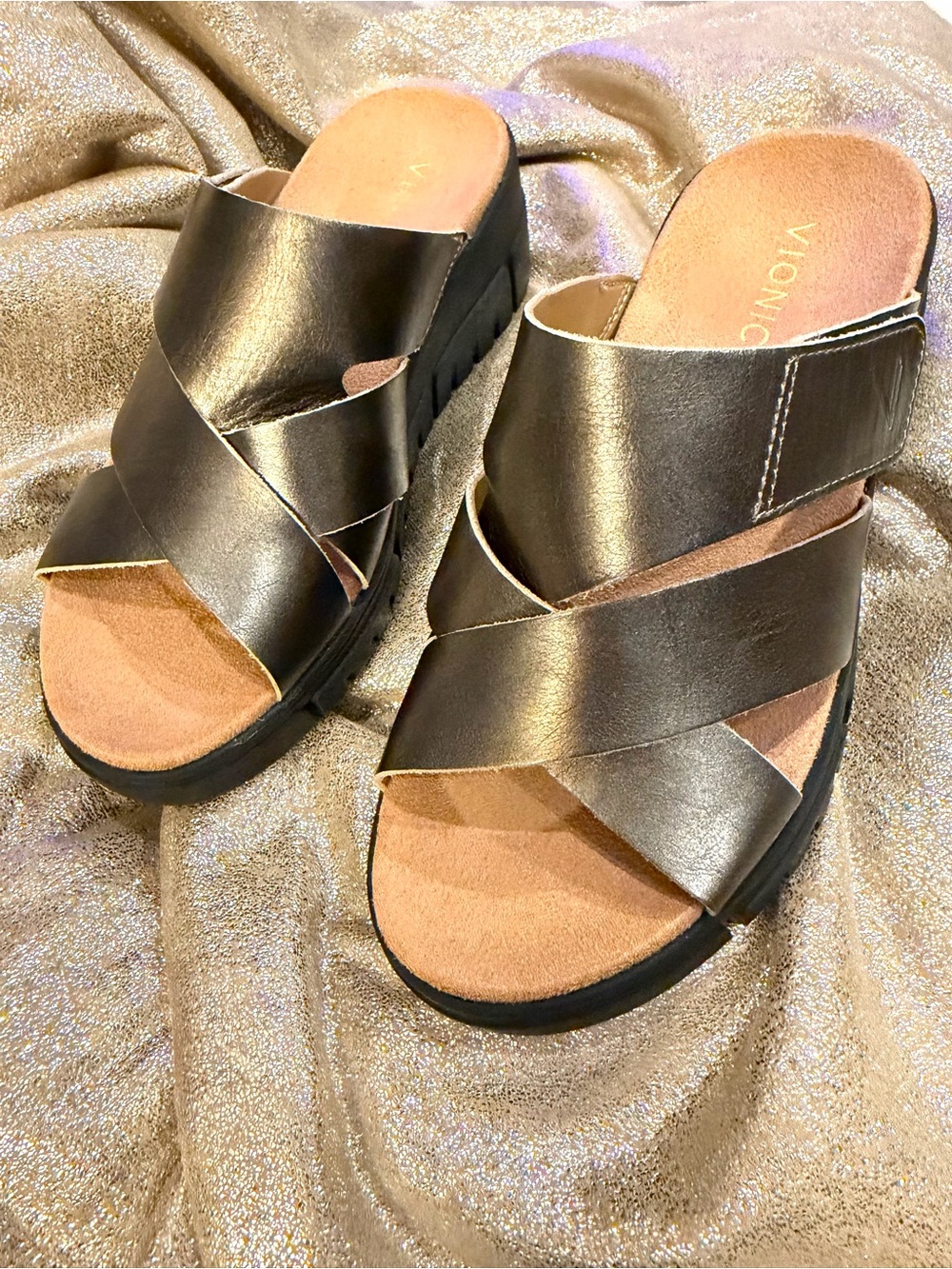 Vionic Metallic Bronze Crisscross Platform Wedge Sandals